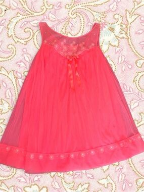 1960’s Vintage Neon Coral Nightgown with Floral Embroidery
